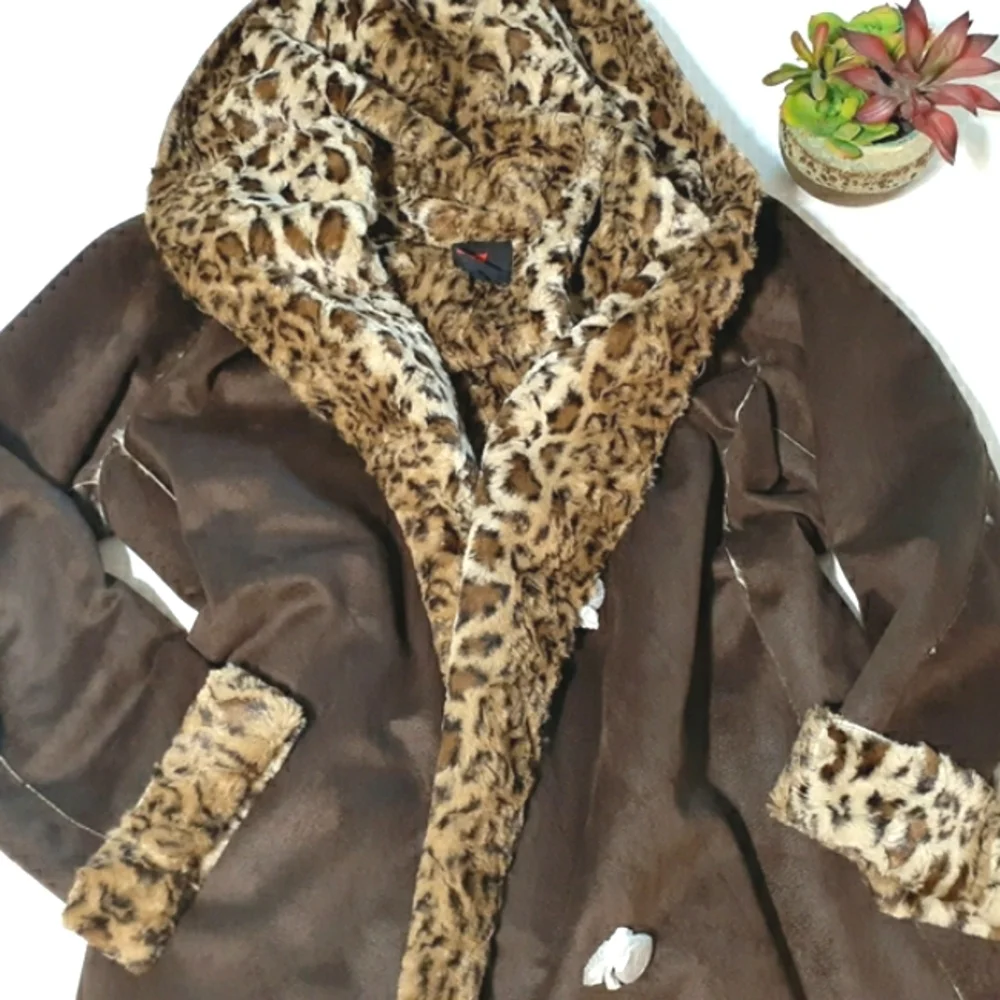 💎NEW Adrienne Landau Brown/Leopard Faux Fur Coat - Picture 2 of 11